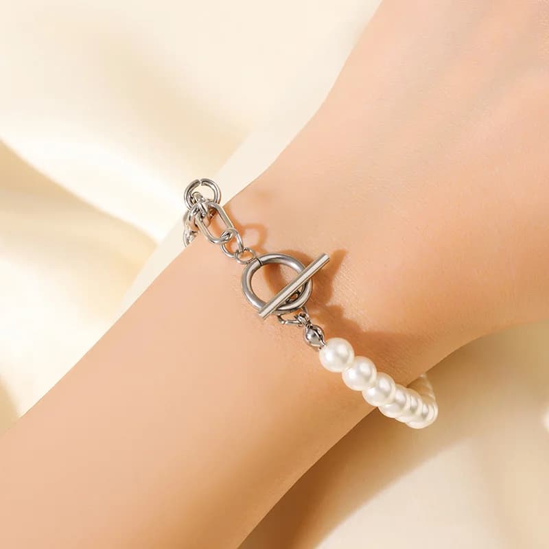 Set Kalung & Gelang Tangan Mutiara Asimetri, Perak