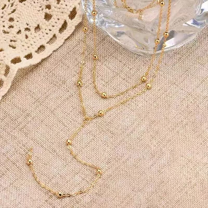 Kalung Loket Bentuk Y Panjang Manik Emas Halus