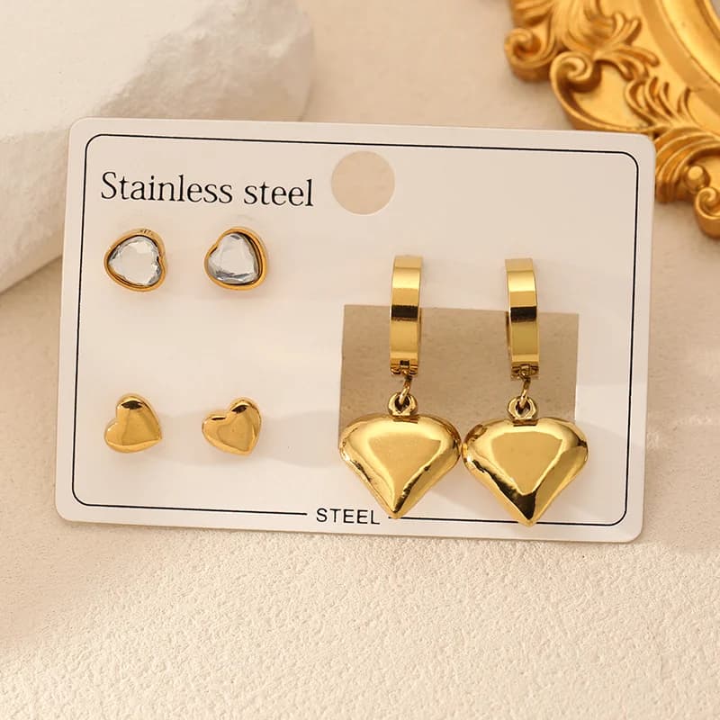 Set Anting Stud dan Drop Hati Zirkon (3 Pasang)