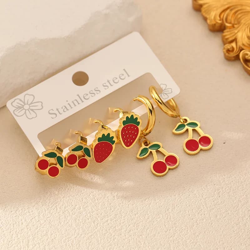 3 Pasang Anting Gelung Ceri & Strawberi