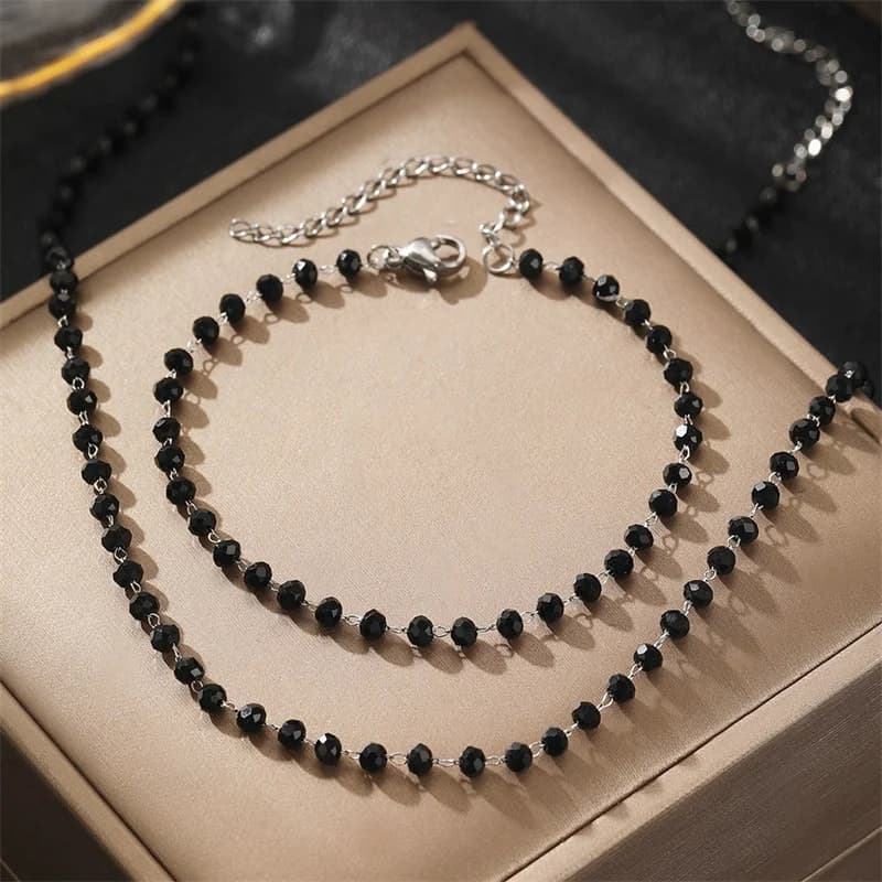 Set Kalung dan Gelang Rantai Manik Hitam
