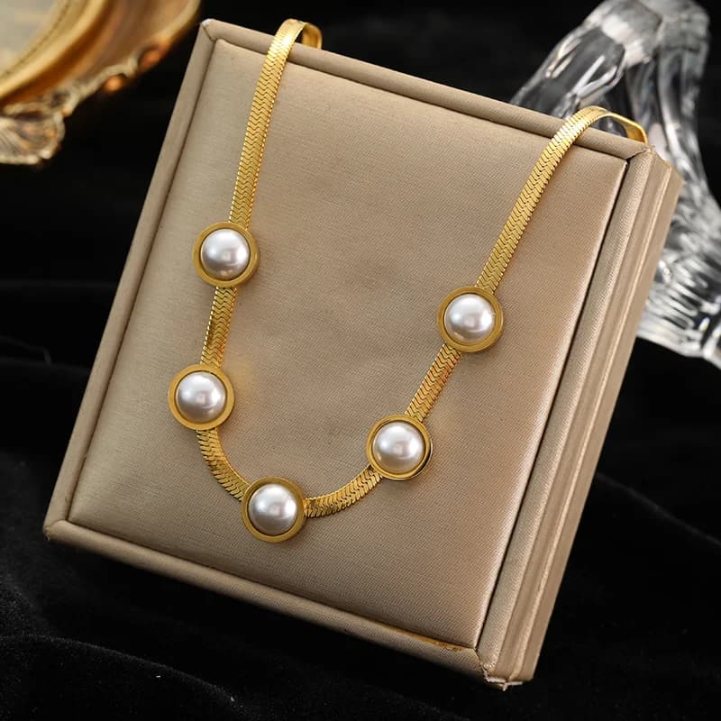 Rantai Leher Choker Mutiara Bulat Warna Emas