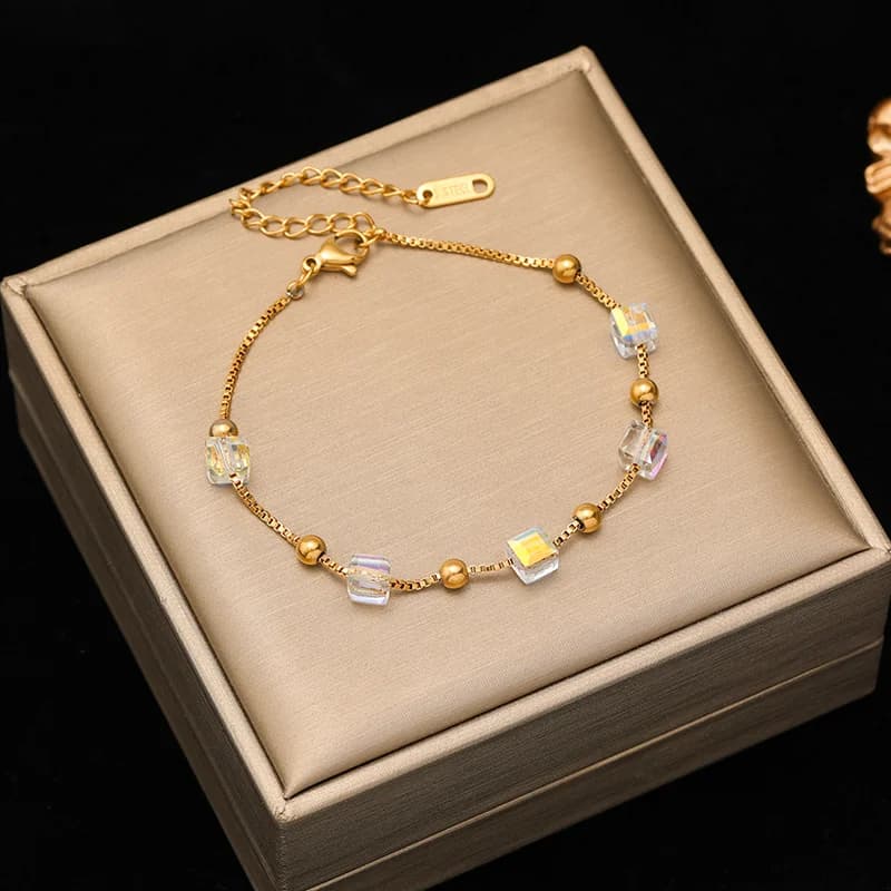 Gelang Rantai Charm Batu Berwarna Nipis Keluli Tahan Karat