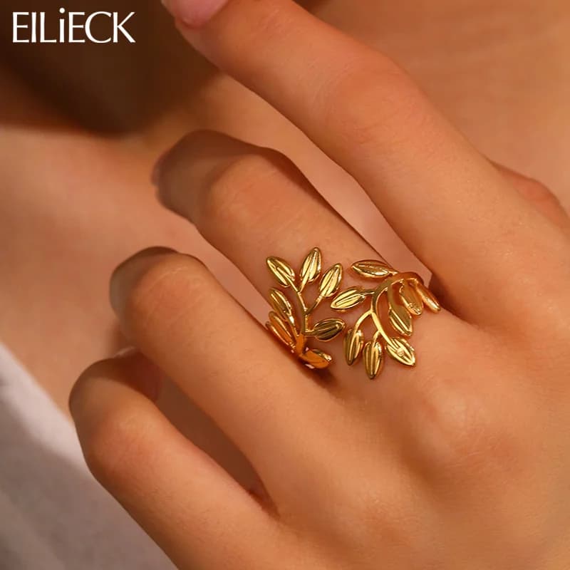 Cincin Pernyataan Daun Nada Emas Stainless Steel Wanita