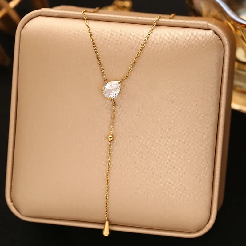 Kalung Loket Bentuk Y Panjang Manik Emas Halus