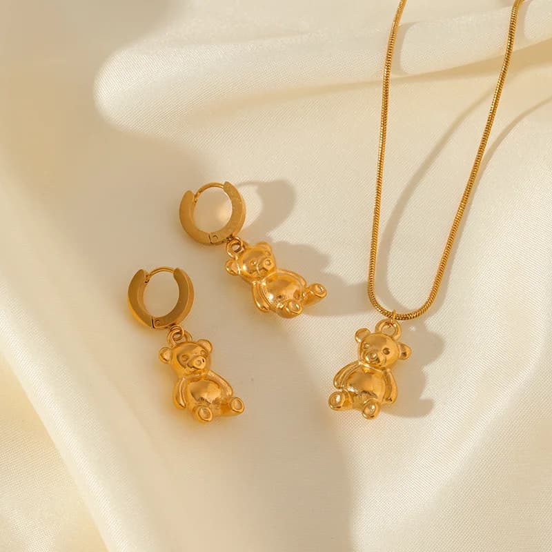 Set Rantai Leher dan Anting-anting Bunga Beruang, Emas