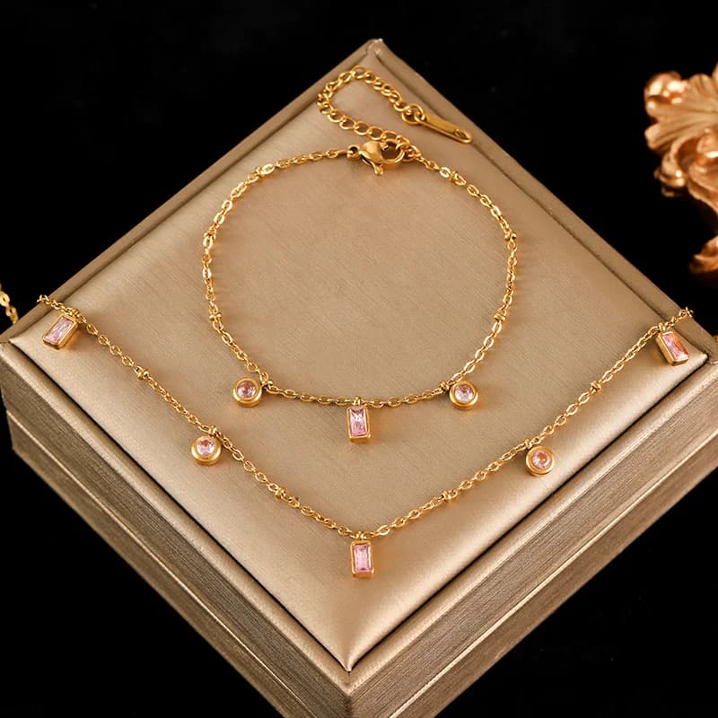 Set Rantai Leher dan Gelang Batu Akrilik Berwarna