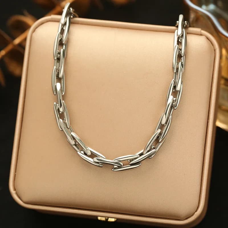 Set Rantai Leher & Gelang Rantai Tebal Warna Emas