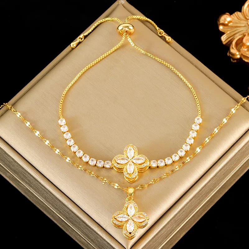 Set Kalung dan Gelang Clover Hijau Zirkon Berputar