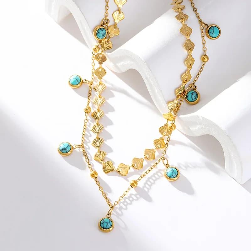 Kalung Berlapis Dua Turquoise Tiruan Keluli Tahan Karat