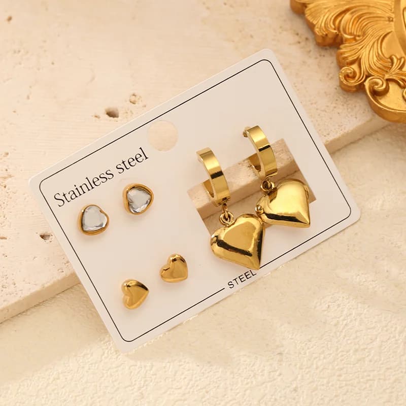 Set Anting Stud dan Drop Hati Zirkon (3 Pasang)
