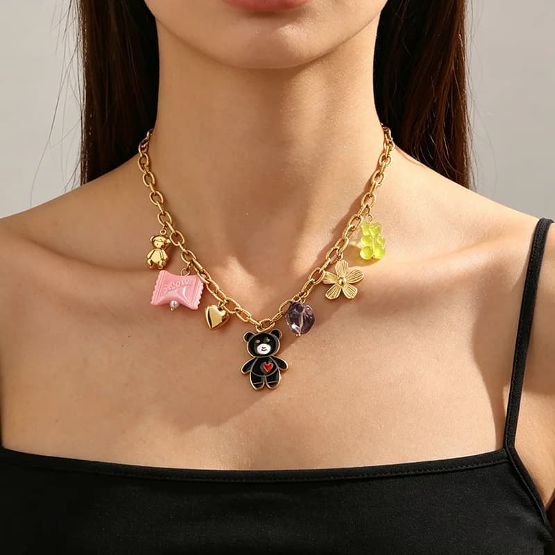 Rantai Leher Loket Pelbagai Charms, PVD Emas 18K