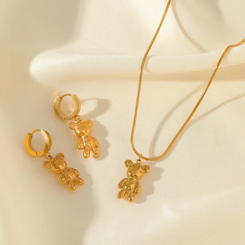 Set Rantai Leher dan Anting-anting Bunga Beruang, Emas