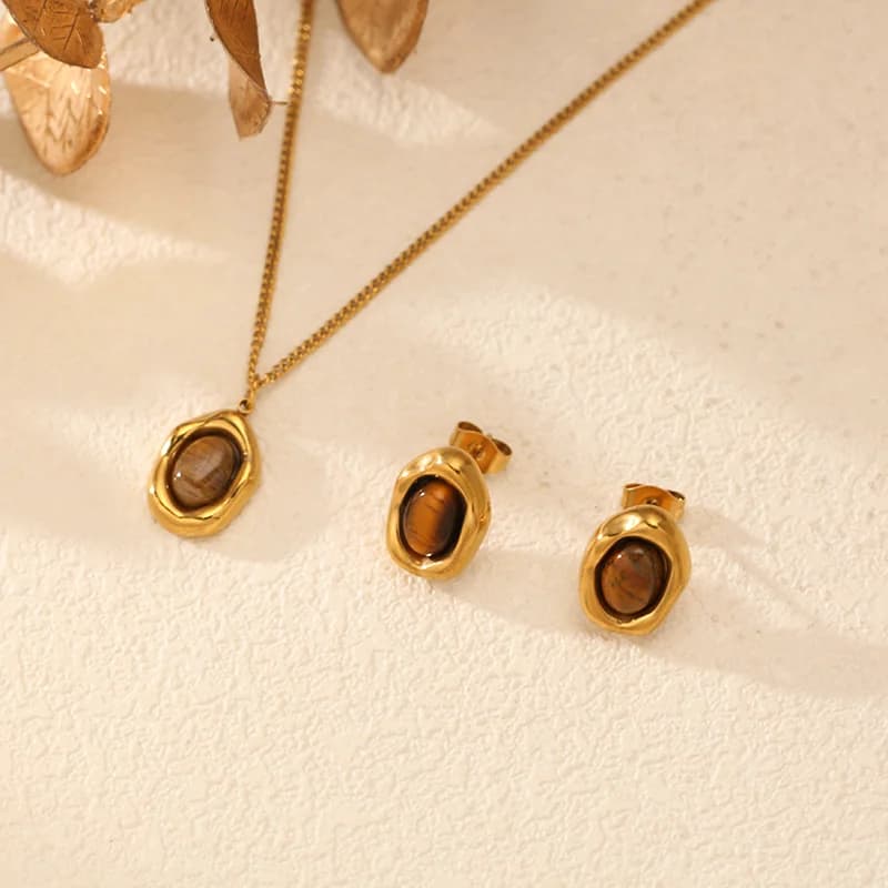 Set Rantai Leher Loket Batu Coklat Vintage & Anting-anting