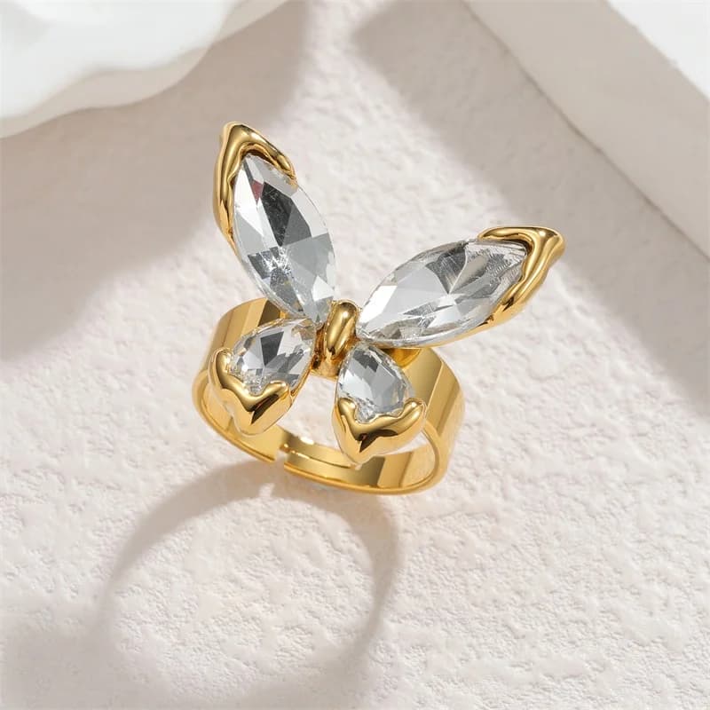 Cincin Boleh Laras Zirkon Kupu-kupu Plating Emas 18K