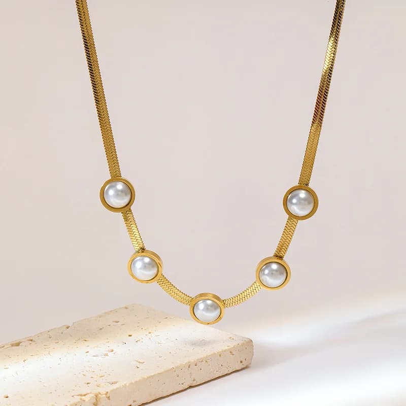 Rantai Leher Choker Mutiara Bulat Warna Emas
