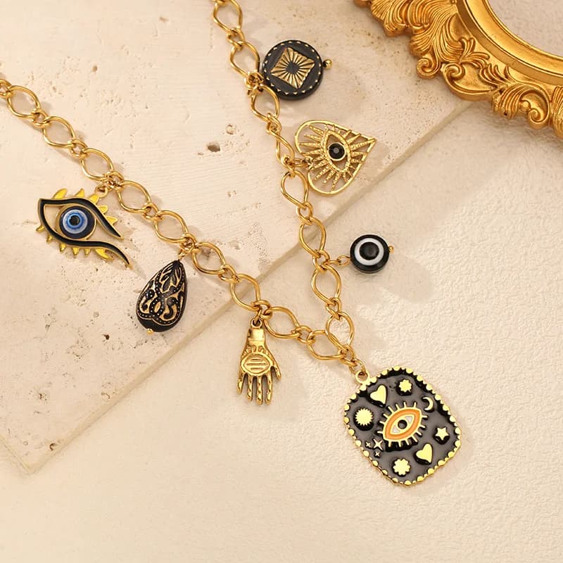 Rantai Leher Loket Pelbagai Charms, PVD Emas 18K
