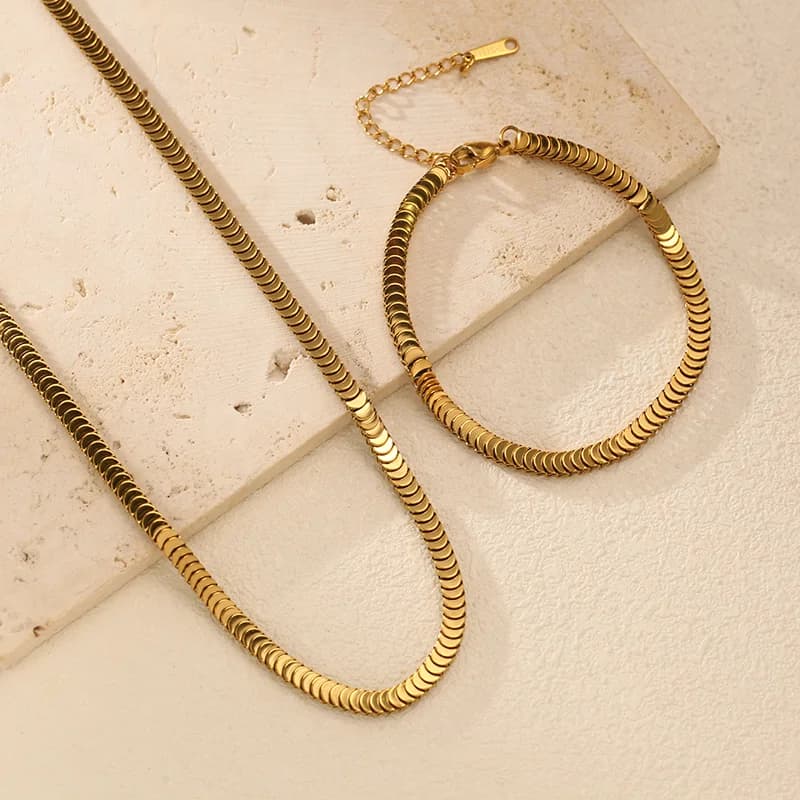 Set Rantai Leher & Gelang Rantai Ular Warna Emas