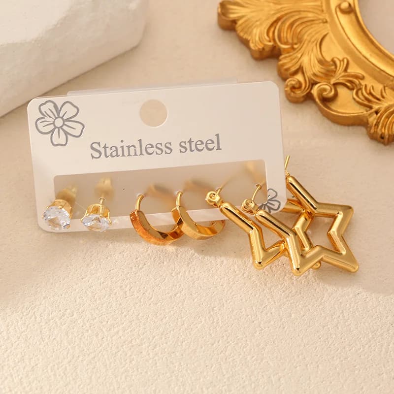 Set Anting-anting Stud Zirkon Bintang (3 Pasang)