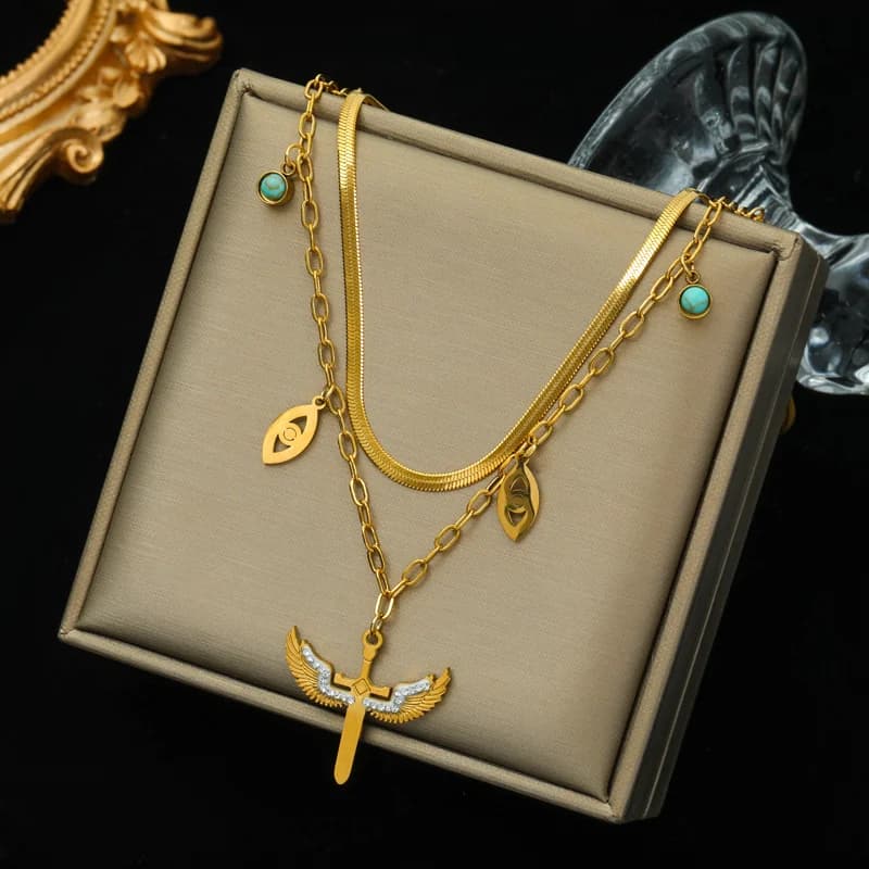 Rantai Leher Loket Geometri Duit Syiling & Batu Berlapis Pelbagai