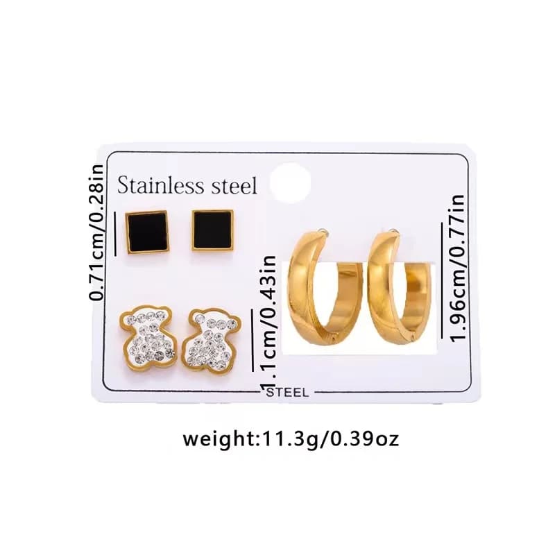 Set Anting-anting Stud Bear & Hoop Segi Empat (3 Pasang)