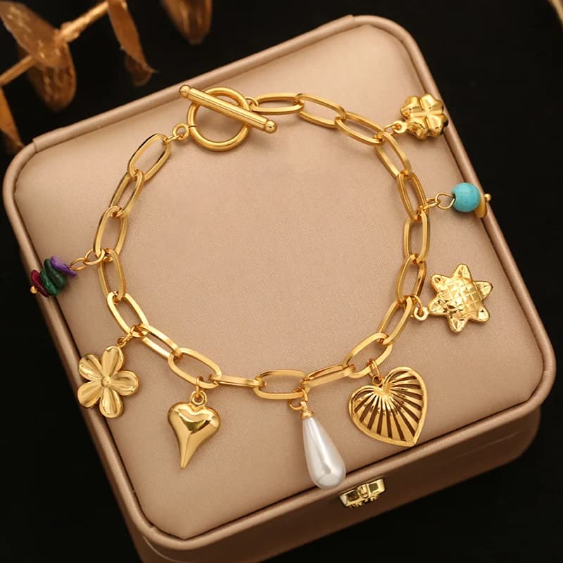 Gelang Charm Bunga & Bintang dengan Mutiara