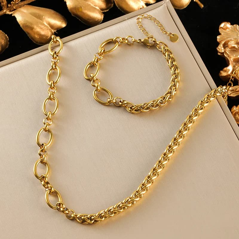 Set Rantai Leher & Gelang Rantai Asimetrik, Emas