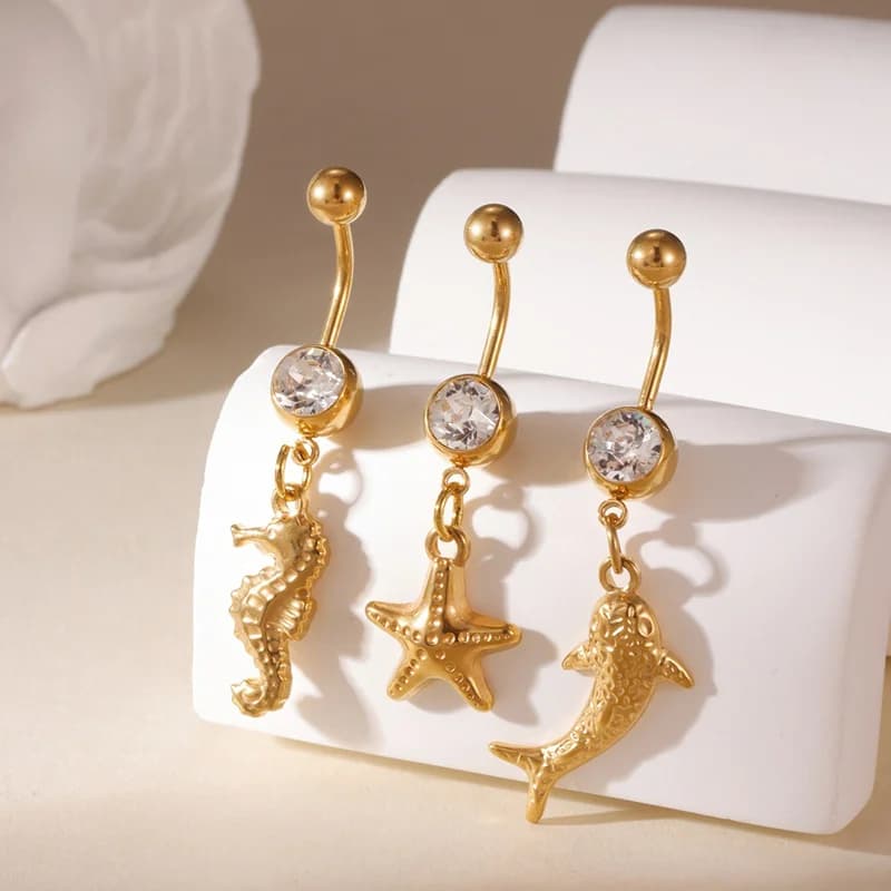 3 Keping Anting Pusat Perut Bintang Laut & Octopus, Zirkon Putih