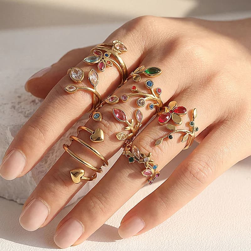Cincin Boleh Laras Daun Zirkonia Berkilau Keluli Tahan Karat