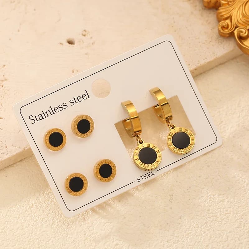 Set Anting-Anting Angka Romawi Bulat Hitam (3 Pasang)