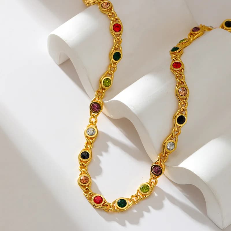 Rantai Leher Choker Zirkonia Berwarna-warni