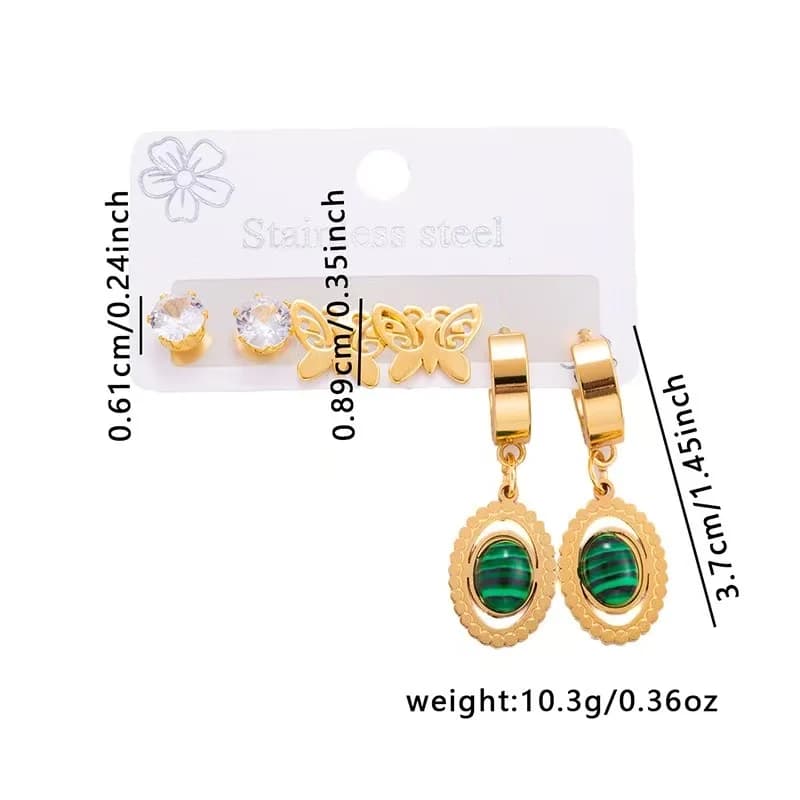Set Anting-anting Stud Kupu-kupu Batu Hijau Oval 3 Pasang