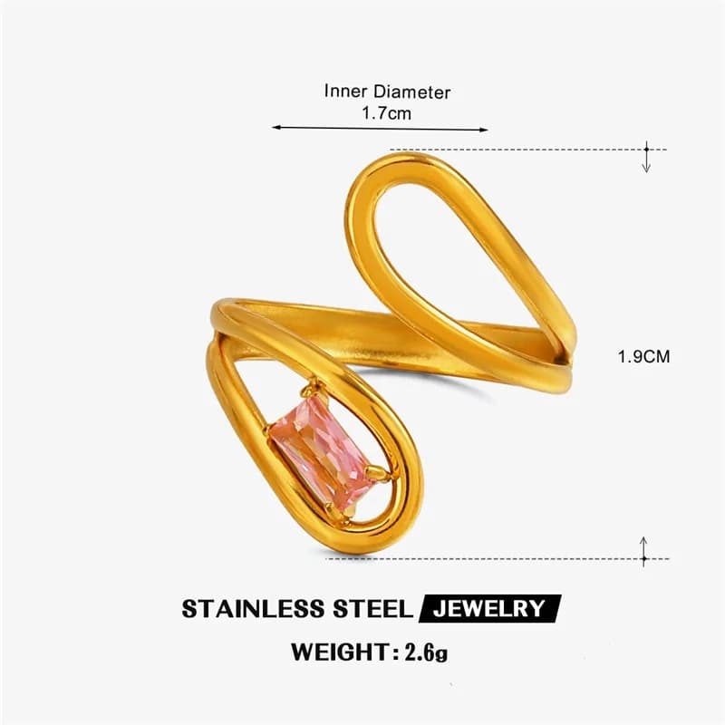 Cincin Boleh Laras Zirkon Kaca Geometri, Plating Emas 18K