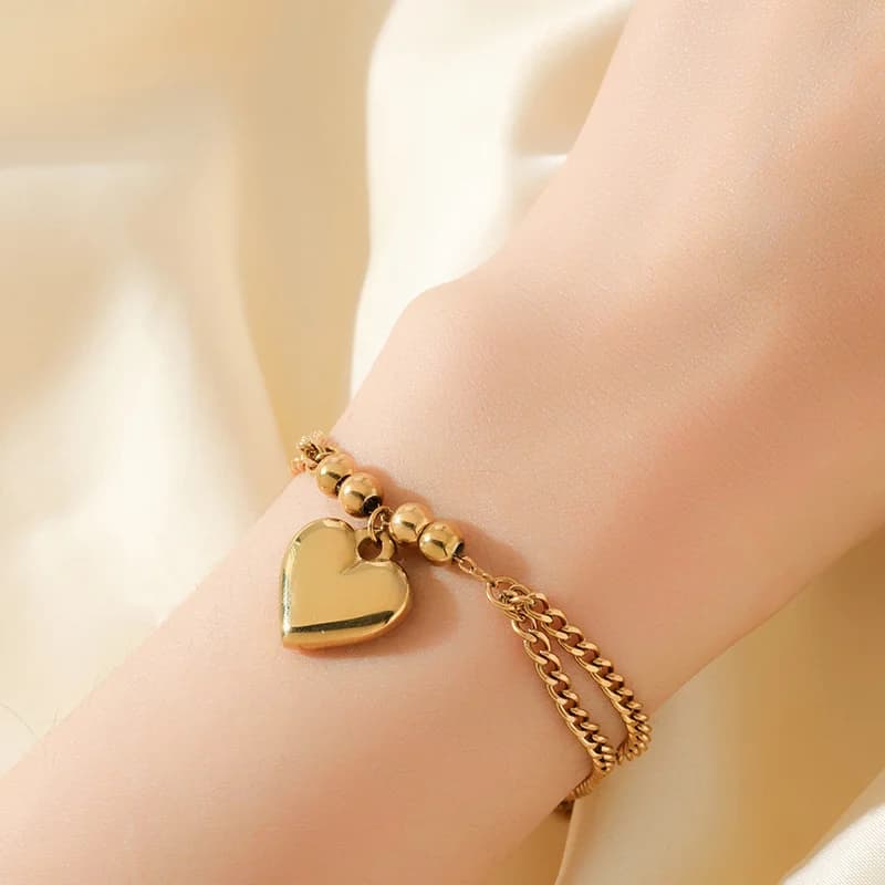 Set Rantai Leher & Gelang Tangan Loket Hati Emas