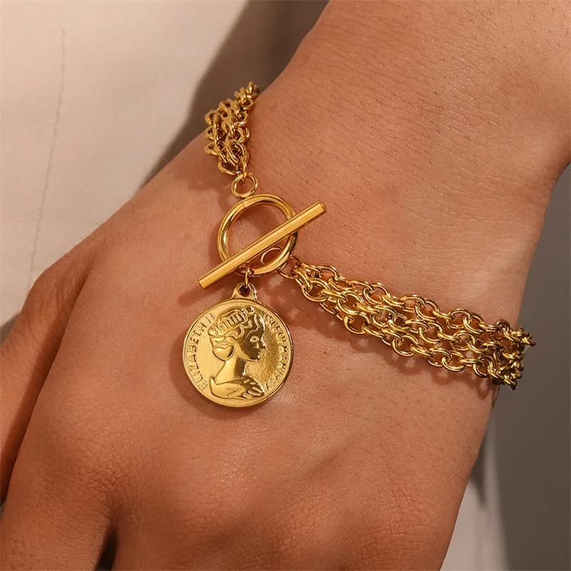Gelang Charm Duit Syiling Warna Emas Keluli Tahan Karat 316L