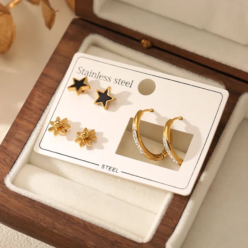 Set Anting Stud Hoop Bintang dan Bunga (3 Pasang)
