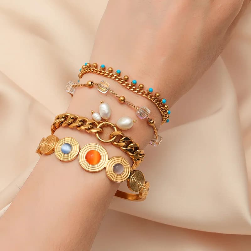 Gelang Bangle Batu Warna-warni Bulat Keluli Tahan Karat