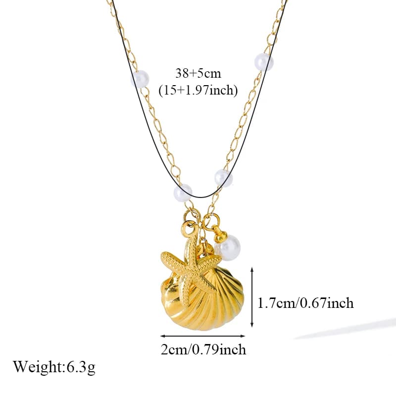Set Rantai Leher & Anting-anting Mutiara Kerang Bintang Laut Emas