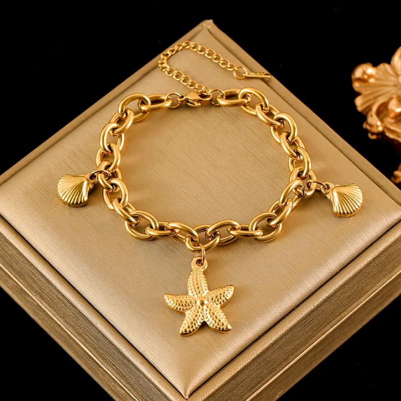 Gelang Charm Matahari Bulan Bintang Laut Emas