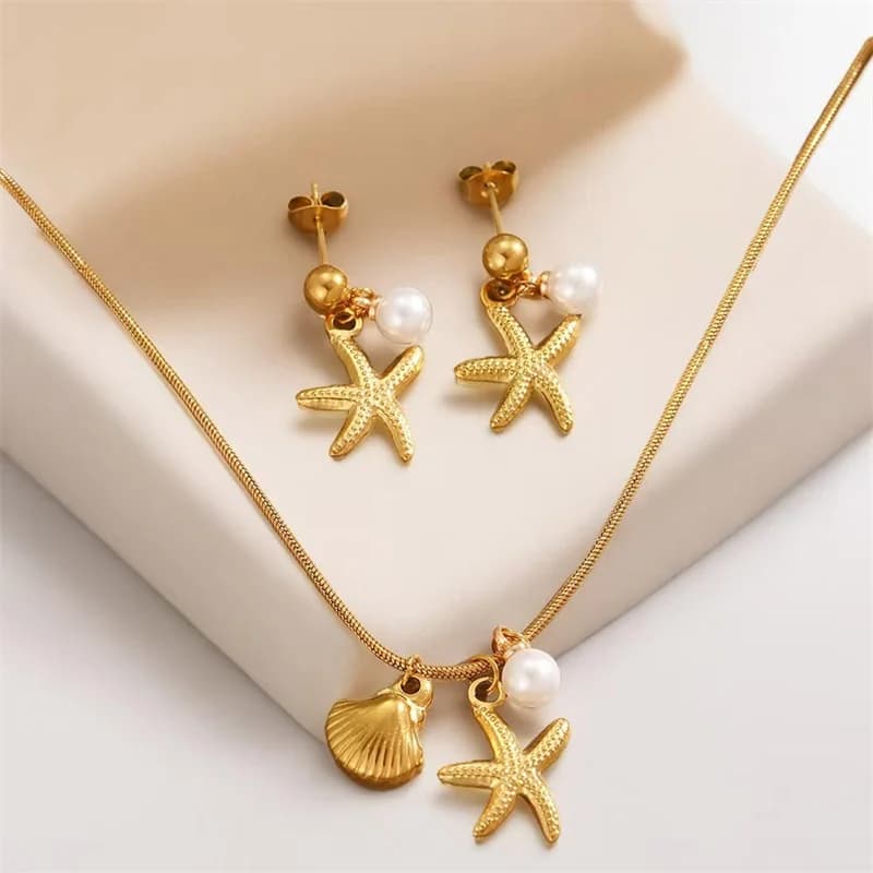 Set Kalung & Anting-anting Kerang Mutiara Bintang Laut