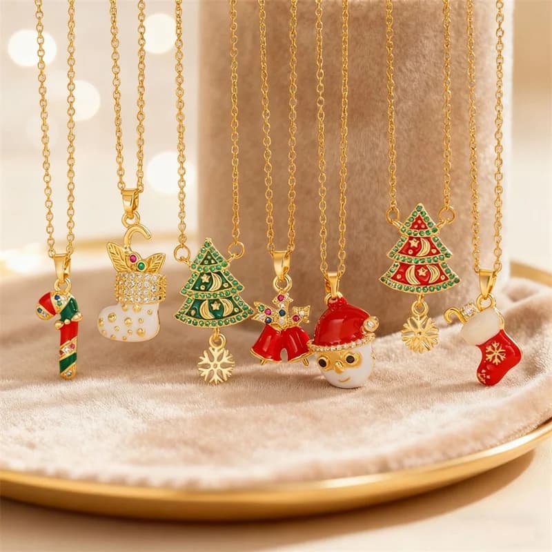 Kalung Loket Enamel Loceng Pokok Krismas dan Serpihan Salji
