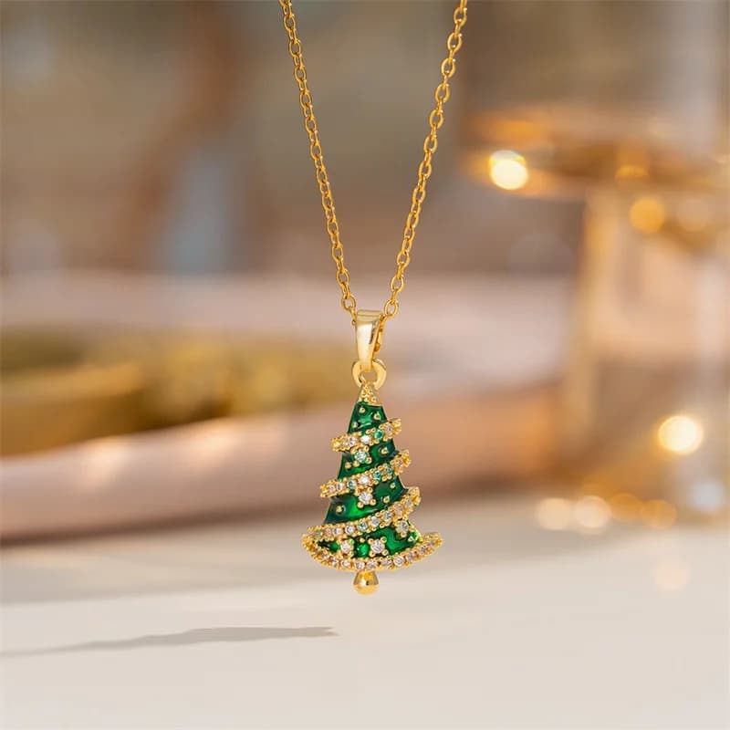 Rantai Leher Loket Pokok Krismas Zirkon Berkilau