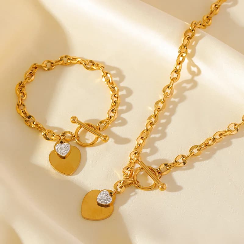 Set Rantai Leher & Gelang Hati Berganda Keluli Tahan Karat 316L