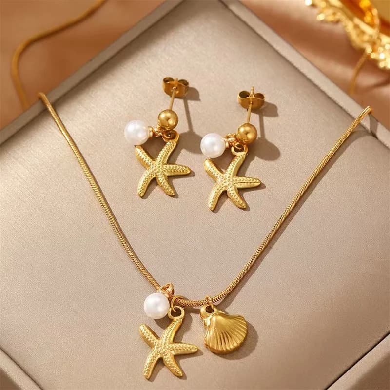Set Kalung & Anting-anting Kerang Mutiara Bintang Laut