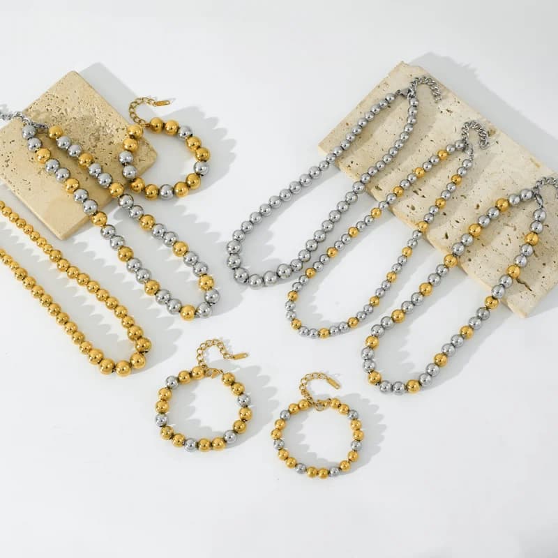 Set Rantai Leher & Gelang Manik Padat Emas dan Perak