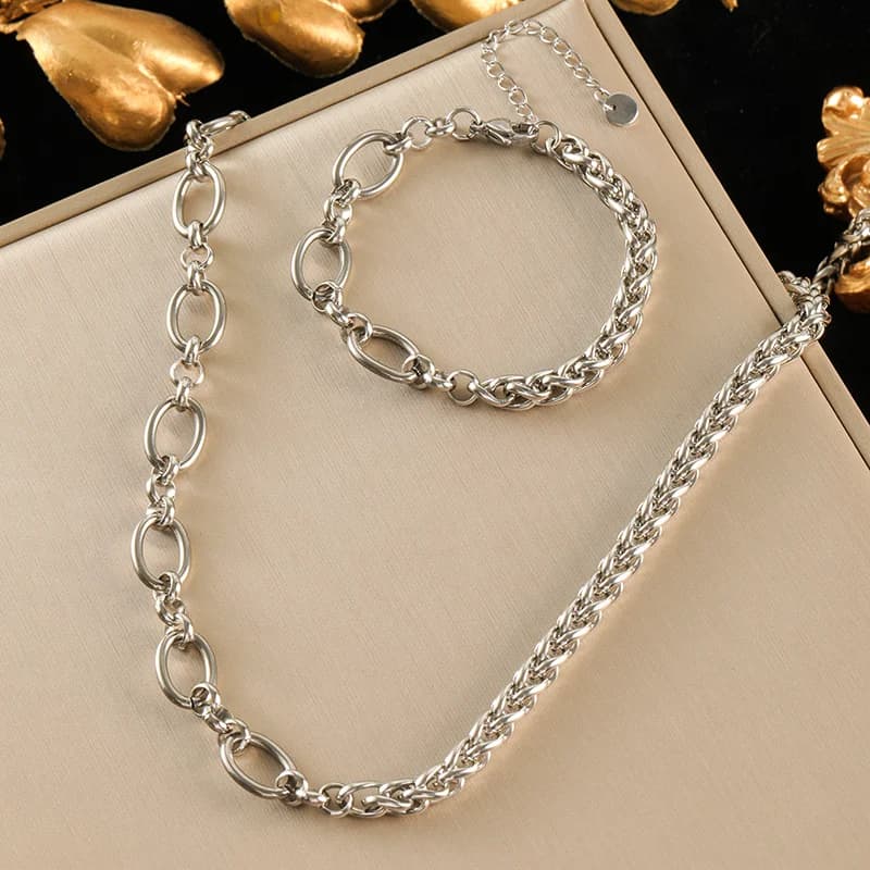 Set Rantai Leher & Gelang Rantai Asimetrik, Emas