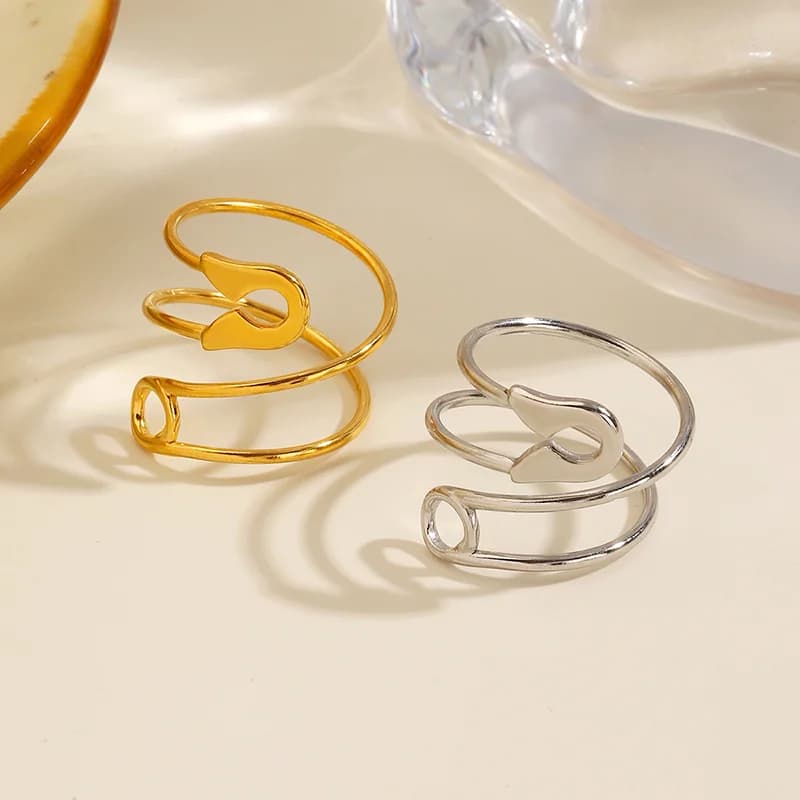 Cincin Terbuka Boleh Laras Bentuk Pin, Disalut PVD Emas 18K