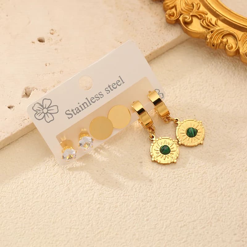 Set Anting-anting Gantung Batu Hijau Vintage 3 Pasang