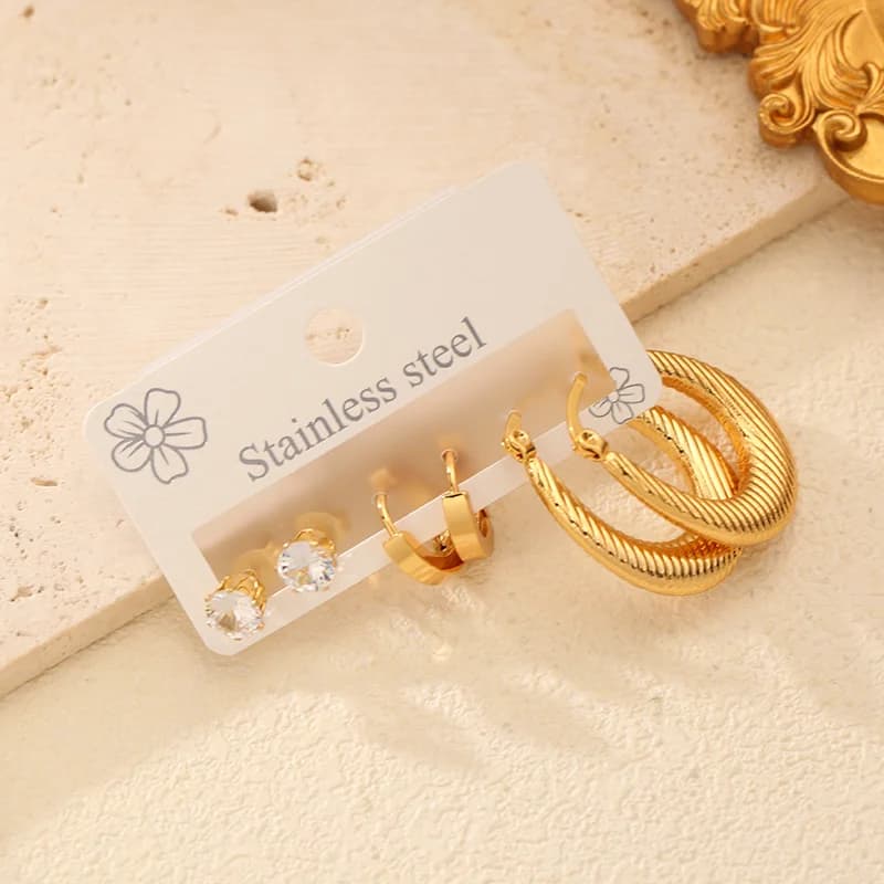 Set Anting-anting Gelung Bulat Warna Emas (3 Pasang)