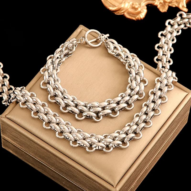 Set Rantai Leher & Gelang Rantai Cuba, Perak
